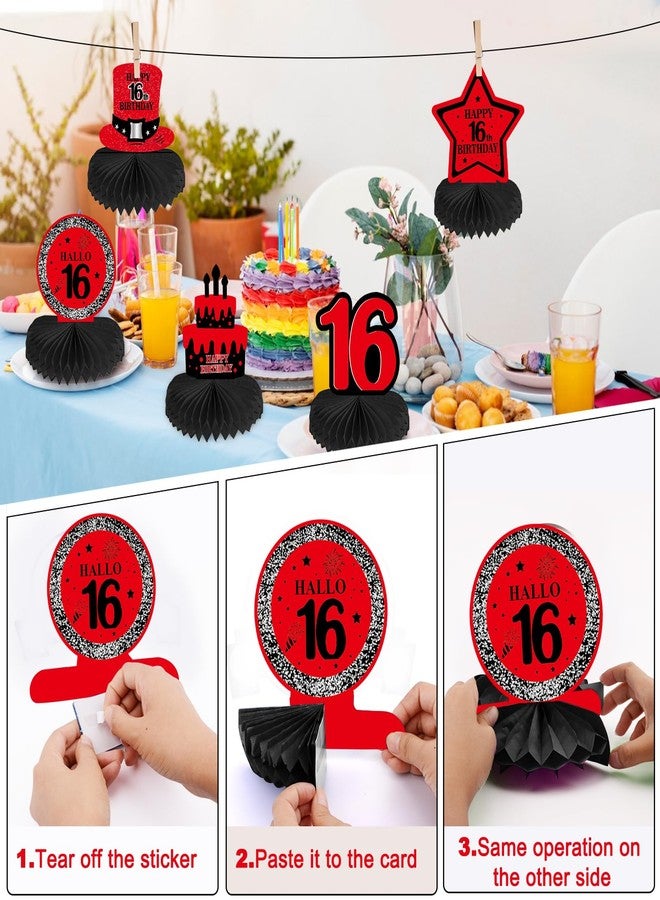 Coosilion 16th Birthday Decorations for Boys Girls Red Black, Sweet 16 Party Decorations with Happy 16th Birthday Banner Backdrop 16 Balloon Numbers Honeycomb Centerpieces Tablecloth 16 Years Old Party Supplies - Image 5